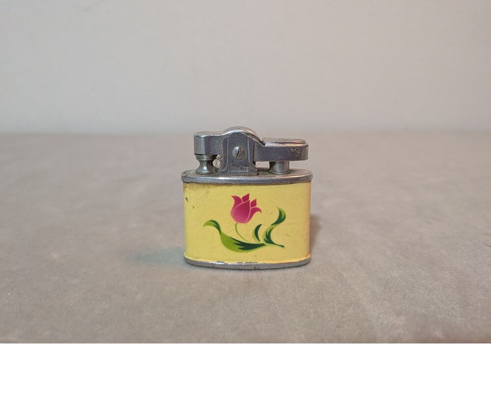 Vintage 1950s Realite Pocket Lighter Yellow Pink Tulip - Untested As-Is